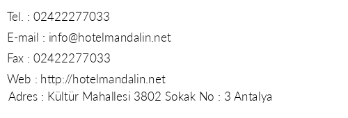 Mandalin Hotel telefon numaralar, faks, e-mail, posta adresi ve iletiim bilgileri