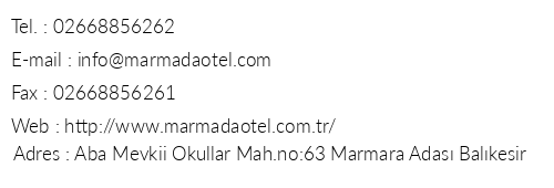 Marmada Otel telefon numaralar, faks, e-mail, posta adresi ve iletiim bilgileri