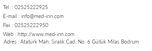 Med-inn Boutique Hotel telefon numaralar, faks, e-mail, posta adresi ve iletiim bilgileri