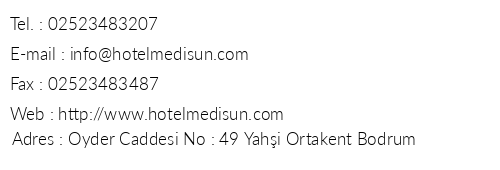Medisun Hotel telefon numaralar, faks, e-mail, posta adresi ve iletiim bilgileri