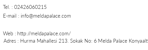 Melda Palace telefon numaralar, faks, e-mail, posta adresi ve iletiim bilgileri