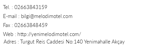 Melodi Motel telefon numaralar, faks, e-mail, posta adresi ve iletiim bilgileri