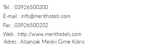 Merit Crystal Cove Hotel & Casino telefon numaralar, faks, e-mail, posta adresi ve iletiim bilgileri