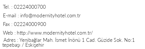 Modernity Hotel telefon numaralar, faks, e-mail, posta adresi ve iletiim bilgileri