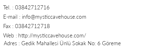 Mystic Cave House telefon numaralar, faks, e-mail, posta adresi ve iletiim bilgileri