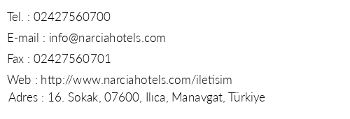 Narcia Resort Side telefon numaralar, faks, e-mail, posta adresi ve iletiim bilgileri
