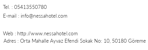 Nessa Cave Hotel telefon numaralar, faks, e-mail, posta adresi ve iletiim bilgileri