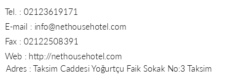 Net House Hotel telefon numaralar, faks, e-mail, posta adresi ve iletiim bilgileri