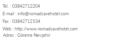 Nomad Cave Hotel telefon numaralar, faks, e-mail, posta adresi ve iletiim bilgileri