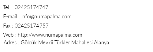 Numa Palma Hotel telefon numaralar, faks, e-mail, posta adresi ve iletiim bilgileri