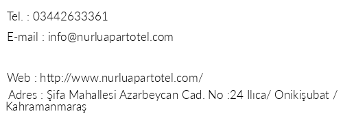 Nurlu Apart Otel telefon numaralar, faks, e-mail, posta adresi ve iletiim bilgileri
