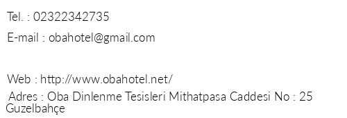Oba Hotel zmir telefon numaralar, faks, e-mail, posta adresi ve iletiim bilgileri