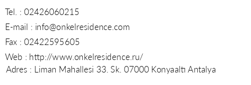 Onkel Residence telefon numaralar, faks, e-mail, posta adresi ve iletiim bilgileri