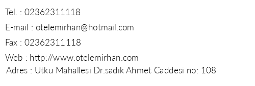 Otel Emirhan telefon numaralar, faks, e-mail, posta adresi ve iletiim bilgileri