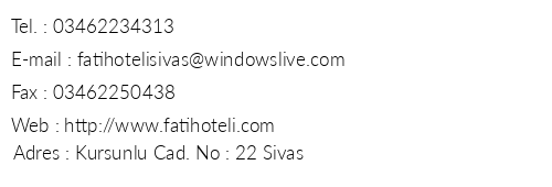 Otel Fatih telefon numaralar, faks, e-mail, posta adresi ve iletiim bilgileri