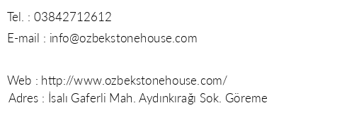 zbek Stone House telefon numaralar, faks, e-mail, posta adresi ve iletiim bilgileri