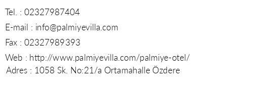 Palmiye Hotel zdere telefon numaralar, faks, e-mail, posta adresi ve iletiim bilgileri