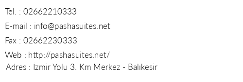 Pasha Suites telefon numaralar, faks, e-mail, posta adresi ve iletiim bilgileri