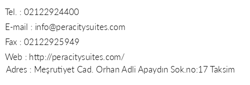 Pera City Suites telefon numaralar, faks, e-mail, posta adresi ve iletiim bilgileri