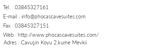 Phocas Cave Suites telefon numaralar, faks, e-mail, posta adresi ve iletiim bilgileri