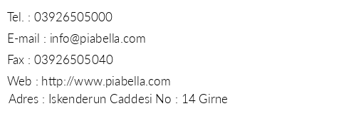 Pia Bella Hotel telefon numaralar, faks, e-mail, posta adresi ve iletiim bilgileri