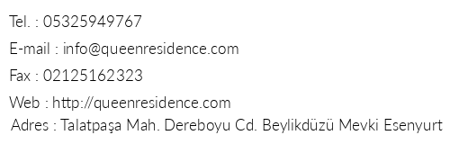 Queen Residence telefon numaralar, faks, e-mail, posta adresi ve iletiim bilgileri