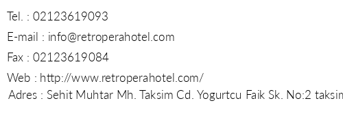 Retropera Hotel telefon numaralar, faks, e-mail, posta adresi ve iletiim bilgileri