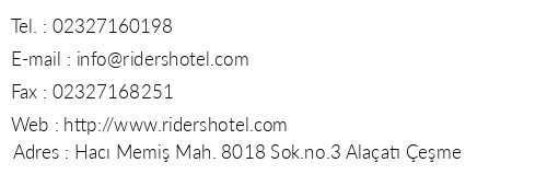 Riders Hotel telefon numaralar, faks, e-mail, posta adresi ve iletiim bilgileri