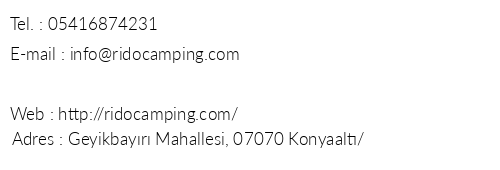 Rido Camping telefon numaralar, faks, e-mail, posta adresi ve iletiim bilgileri