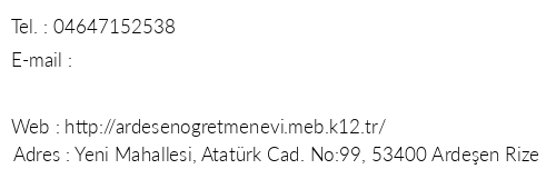 Rize Ardeen retmenevi telefon numaralar, faks, e-mail, posta adresi ve iletiim bilgileri