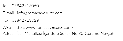 Roma Cave Suit Otel telefon numaralar, faks, e-mail, posta adresi ve iletiim bilgileri