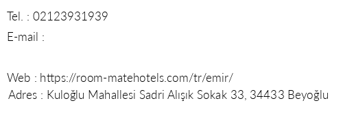 Room Mate Emir telefon numaralar, faks, e-mail, posta adresi ve iletiim bilgileri