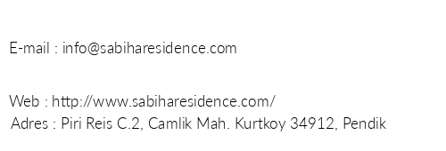 Sabiha Residence telefon numaralar, faks, e-mail, posta adresi ve iletiim bilgileri