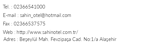 ahin Otel telefon numaralar, faks, e-mail, posta adresi ve iletiim bilgileri