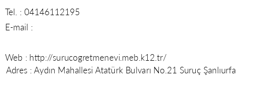 anlurfa Suru retmenevi telefon numaralar, faks, e-mail, posta adresi ve iletiim bilgileri