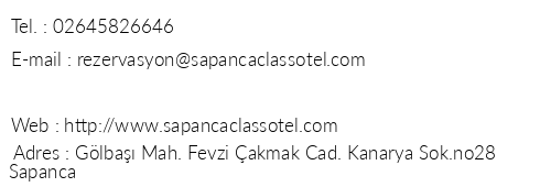 Sapanca Class Hotel telefon numaralar, faks, e-mail, posta adresi ve iletiim bilgileri