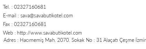 Sava Butik Otel telefon numaralar, faks, e-mail, posta adresi ve iletiim bilgileri