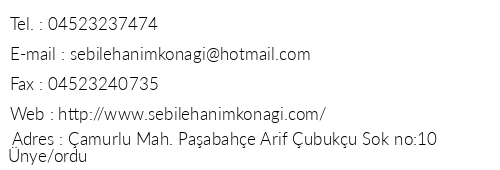 Sebile Hanm Kona telefon numaralar, faks, e-mail, posta adresi ve iletiim bilgileri