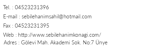 Sebile Hanm Sahil Otel telefon numaralar, faks, e-mail, posta adresi ve iletiim bilgileri