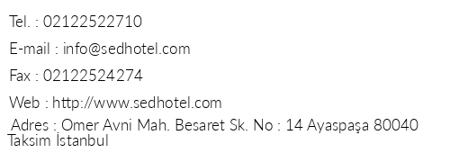 Sed Hotel telefon numaralar, faks, e-mail, posta adresi ve iletiim bilgileri