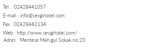 Sevgi Hotel telefon numaralar, faks, e-mail, posta adresi ve iletiim bilgileri