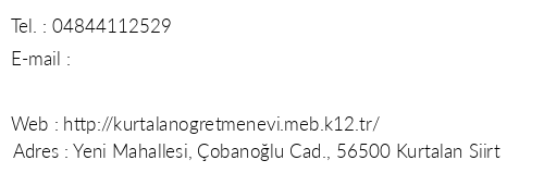 Siirt Kurtalan retmenevi telefon numaralar, faks, e-mail, posta adresi ve iletiim bilgileri