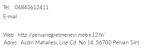 Siirt Pervari retmenevi telefon numaralar, faks, e-mail, posta adresi ve iletiim bilgileri