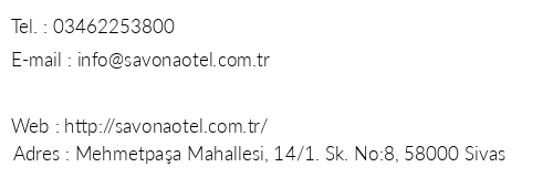 Sivas Savona Otel telefon numaralar, faks, e-mail, posta adresi ve iletiim bilgileri