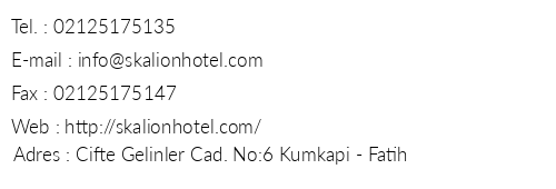 Skalion Hotel telefon numaralar, faks, e-mail, posta adresi ve iletiim bilgileri