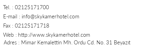 Sky Kamer Boutique Hotel telefon numaralar, faks, e-mail, posta adresi ve iletiim bilgileri