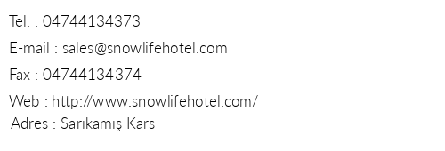 Snow Life Hotel telefon numaralar, faks, e-mail, posta adresi ve iletiim bilgileri