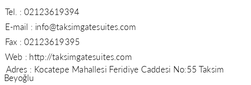 Taksim Gate Suites telefon numaralar, faks, e-mail, posta adresi ve iletiim bilgileri