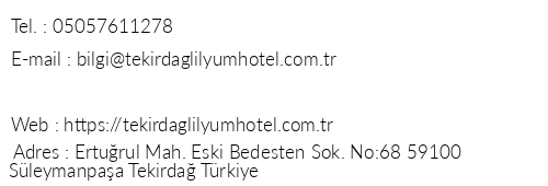 Tekirda Lilyum Butik Otel telefon numaralar, faks, e-mail, posta adresi ve iletiim bilgileri