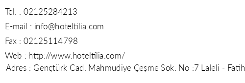 Tilia Hotel telefon numaralar, faks, e-mail, posta adresi ve iletiim bilgileri